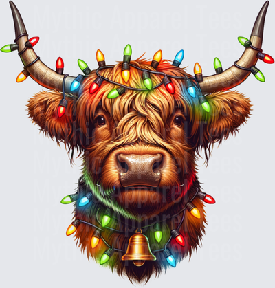 Highland Christmas Cow with Colorful Lights and Gold Bell