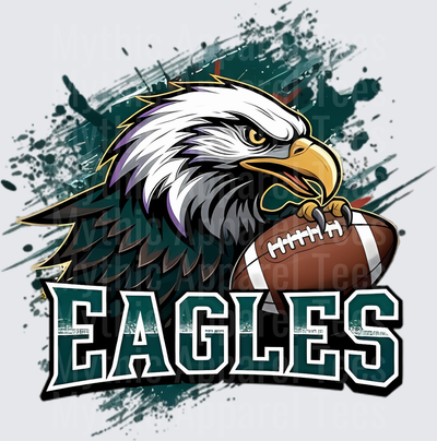 Fierce Bald Eagle Gripping Football with Teal Grunge Splatter Eagles Mascot Graphic