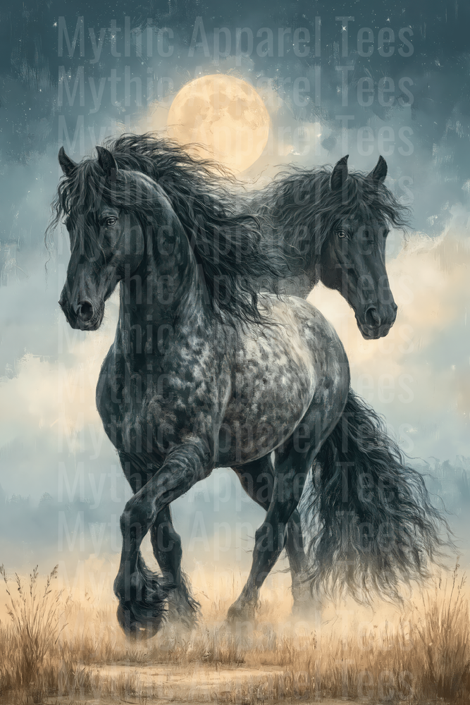 Two Majestic Black Friesian Horses Running Wild Under Full Moon Night Sky