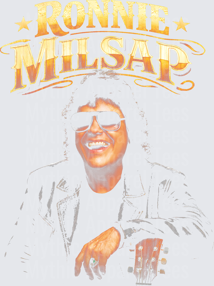 Ronnie Milsap Vintage Halftone Portrait with Guitar and Gold Star Logo Graphic