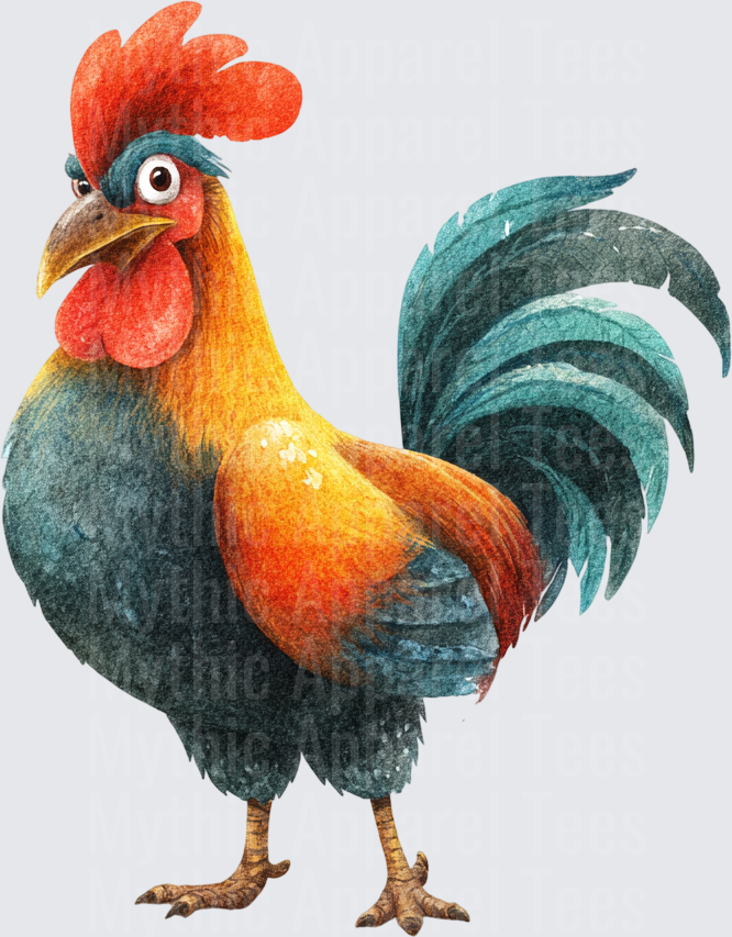 Colorful Watercolor Rooster with Teal Tail Feathers and Red Comb