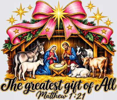 Nativity Scene The Greatest Gift of All Matthew 1:21 Christmas Manger with Pink Bow Star of Bethlehem and Animals