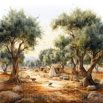 Nativity Ancient Olive Grove with Shepherd Tents and Goats