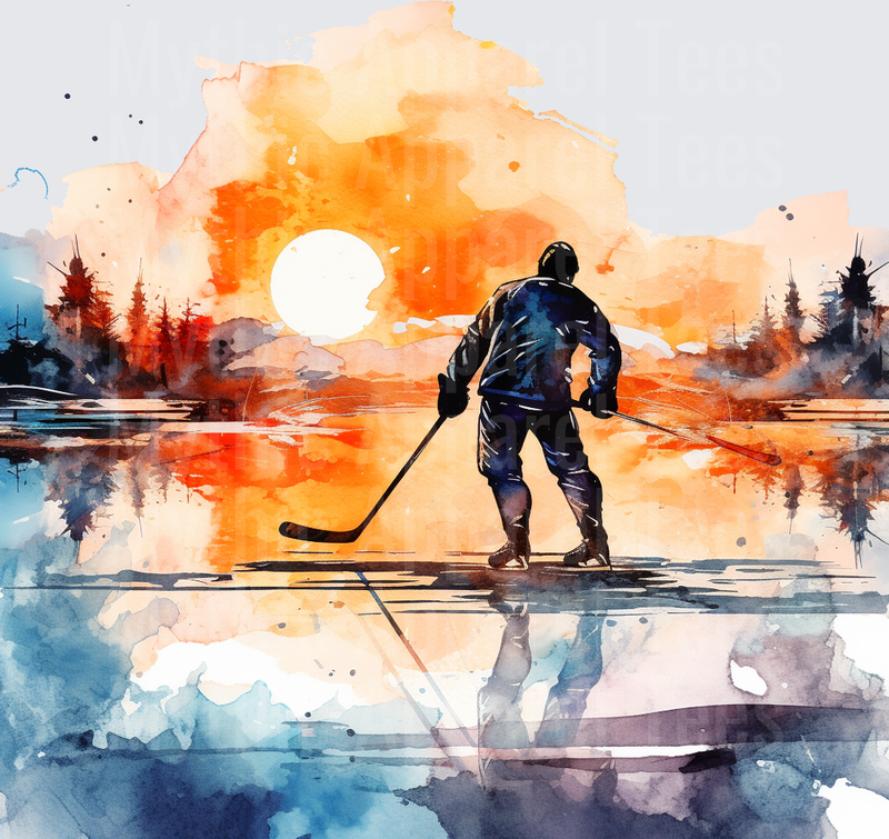 Ice Hockey Player Watercolor Sunset Frozen Lake Silhouette