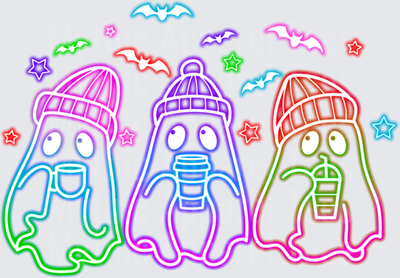 Halloween Neon Glow Ghost Trio Beanie Hats Coffee Drinks Bats