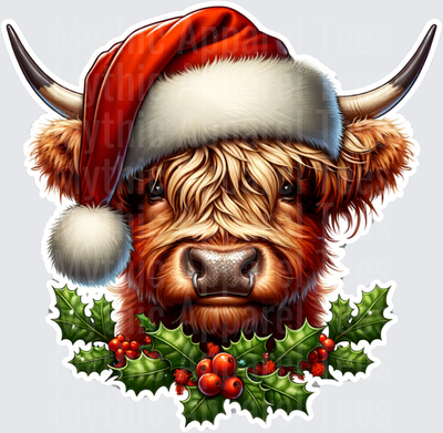 Highland Christmas Cow Santa Hat Holly Berry Portrait