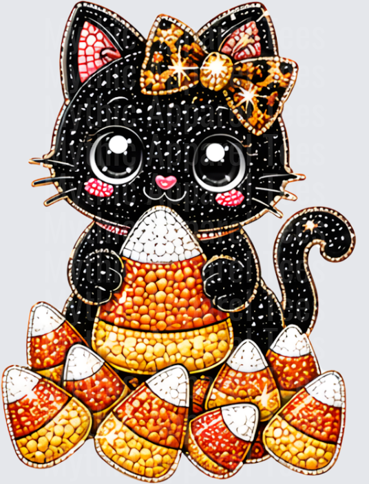Halloween Bling Cute Black Cat with Leopard Print Bow Holding Candy Corn Rhinestone Sparkle Design