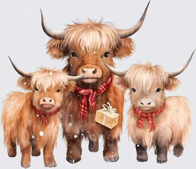 Highland Christmas Cow Family with Red Scarves and Gift