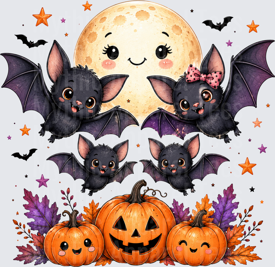 Cute Kawaii Bat Family with Smiling Full Moon Jack-o-Lantern Pumpkins and Autumn Leaves Halloween