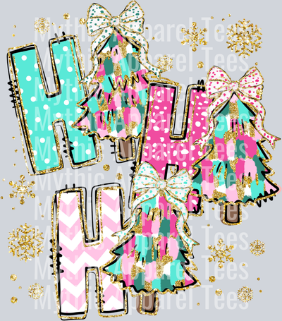 Ho Ho Ho Christmas trees with glitter style outlines
