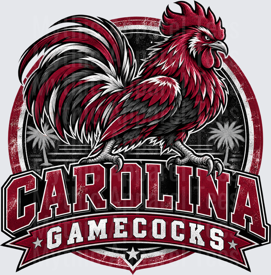 Carolina Gamecocks Bold Rooster Mascot Circular Badge Design with Palm Trees in Garnet Black and White