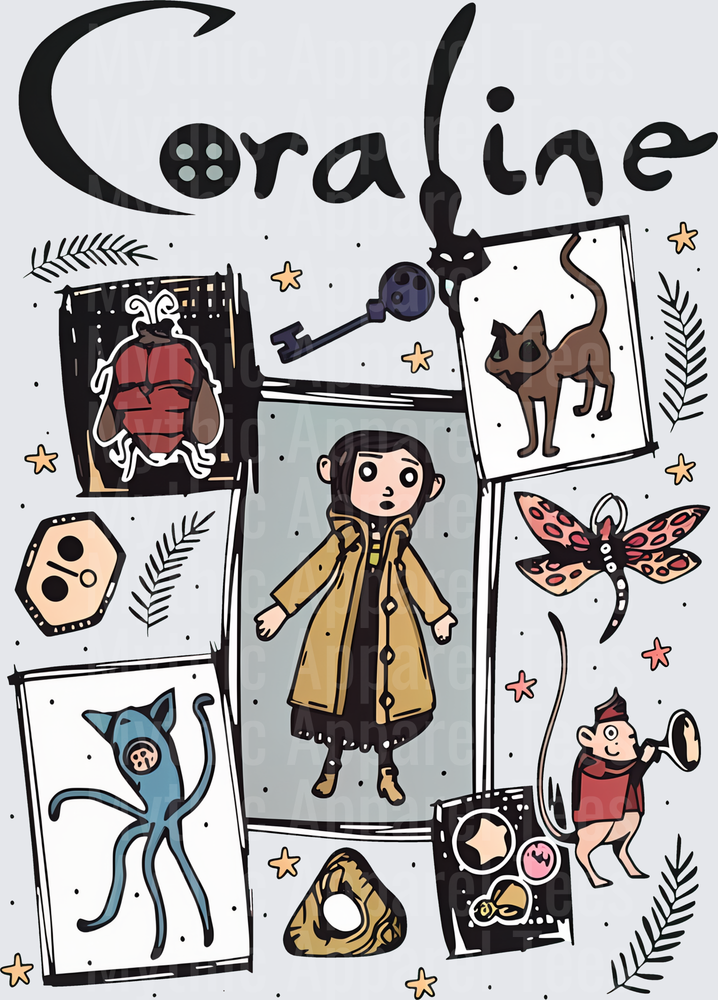 Coraline Character Collage with Black Cat Key Button Eyes and Other World Creatures Fan Art Illustration