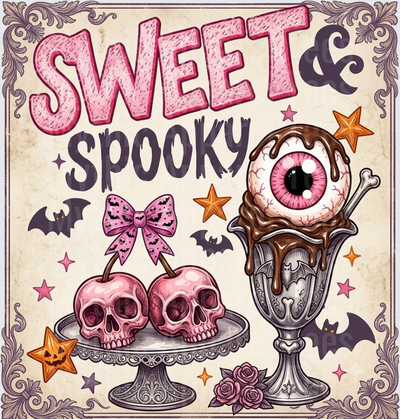 Sweet & Spooky Halloween Skull Cherries Pink Bow Eyeball Ice Cream Sundae Vintage Gothic Bats Stars Design