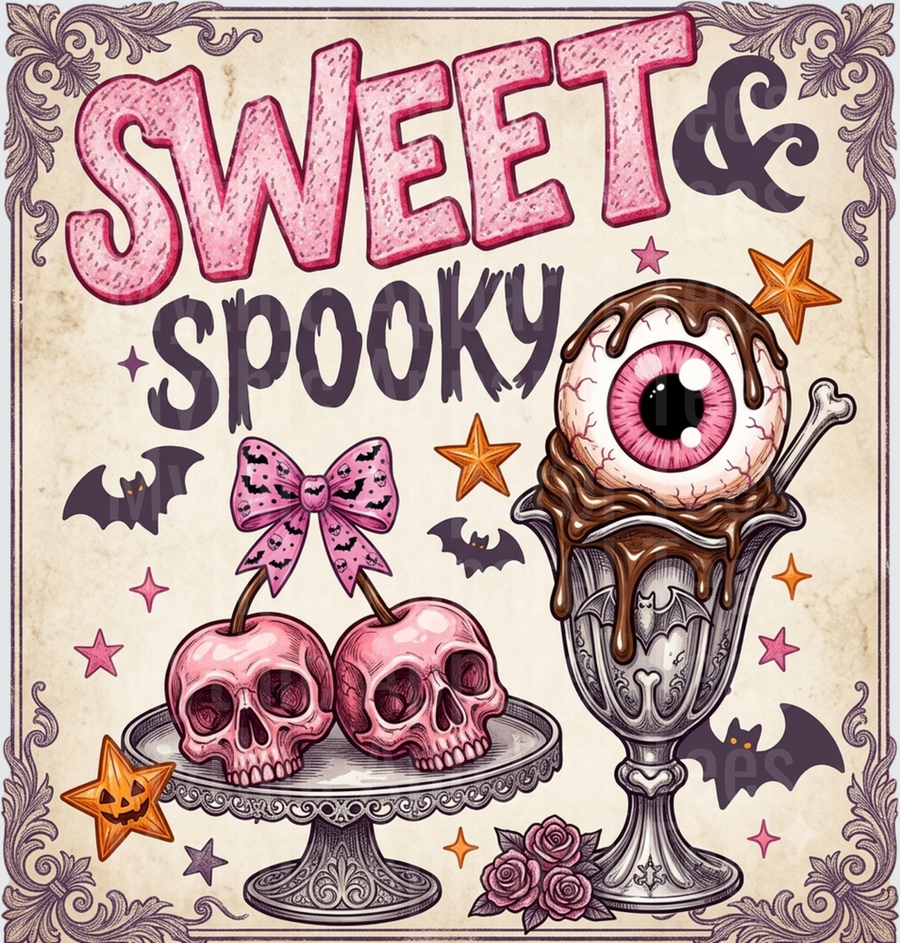 Sweet & Spooky Halloween Skull Cherries Pink Bow Eyeball Ice Cream Sundae Vintage Gothic Bats Stars Design
