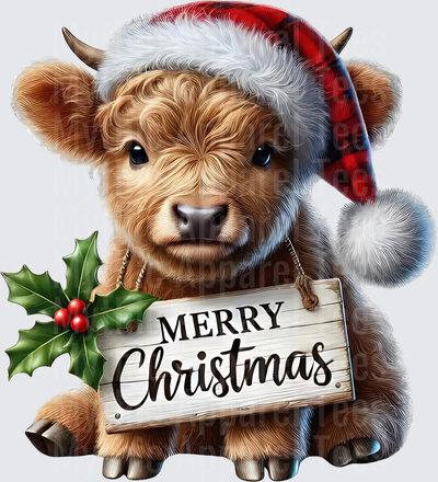 Highland Christmas Cow Baby Calf Santa Hat Merry Christmas Sign Holly
