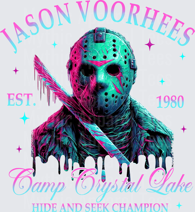 Jason Voorhees Friday the 13th Neon Pink Teal Camp Crystal Lake Hide and Seek Champion Est 1980 Drip Graphic