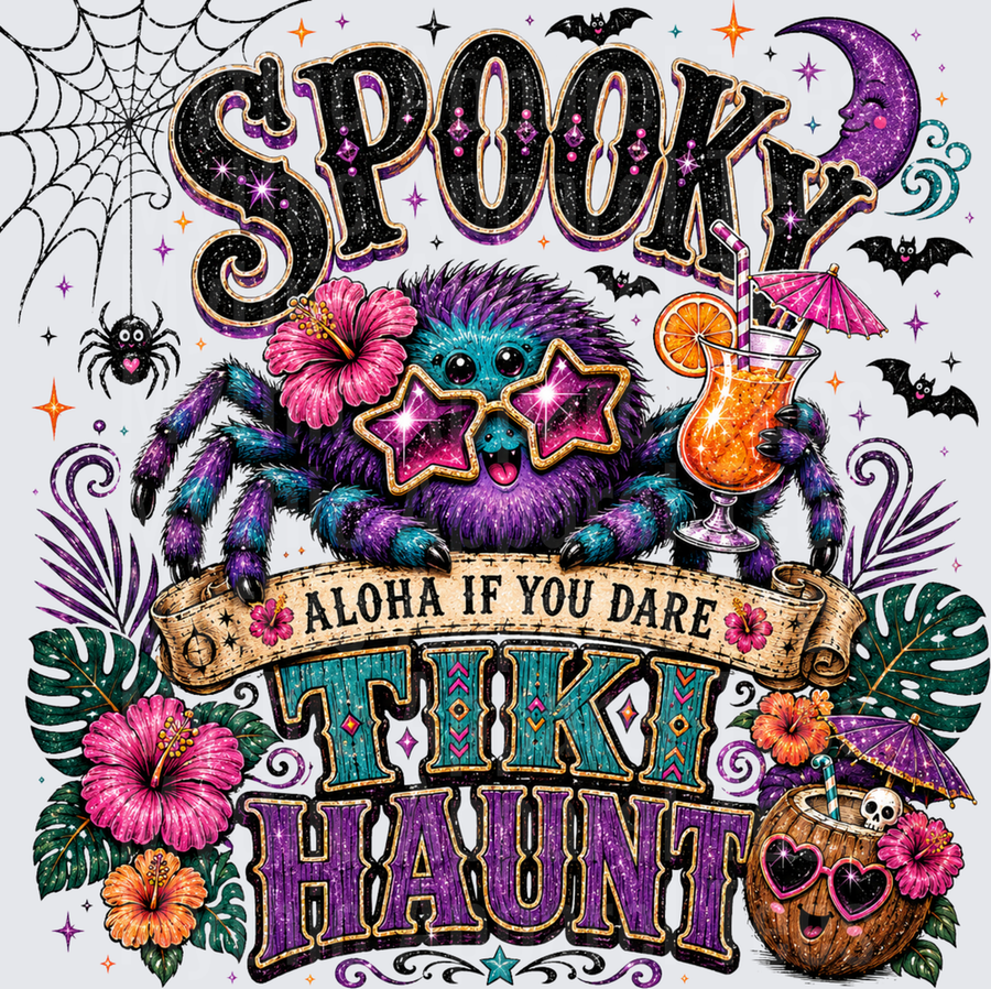 Halloween Spooky Tiki Haunt Aloha If You Dare Cute Purple Spider With Tropical Cocktail Hibiscus Flowers And Bats Glitter Design