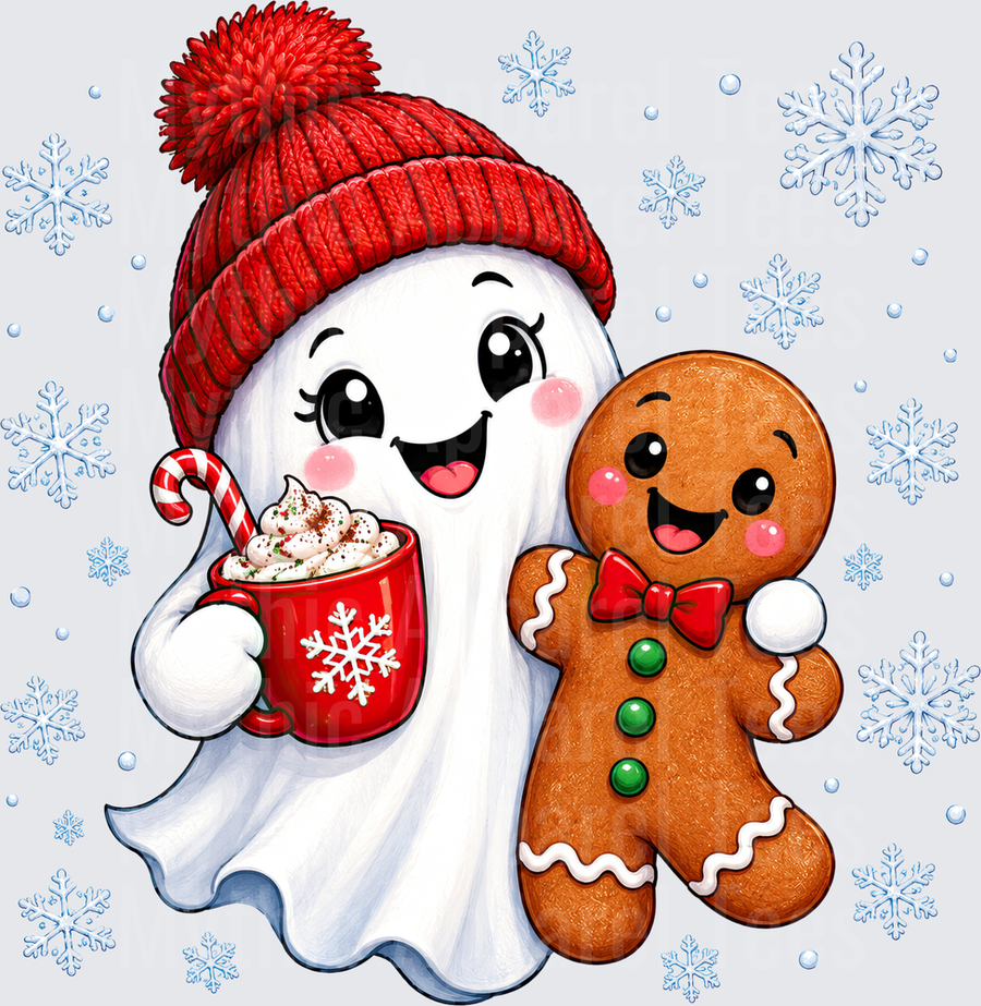 Cute Christmas Ghost in Red Pom Pom Beanie Holding Hot Cocoa with Gingerbread Man and Snowflakes