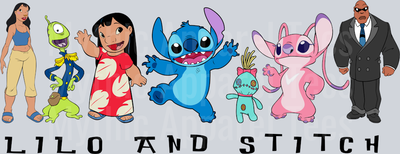 Lilo and Stitch characters lined up DTF Lilo and Stitch Transfers