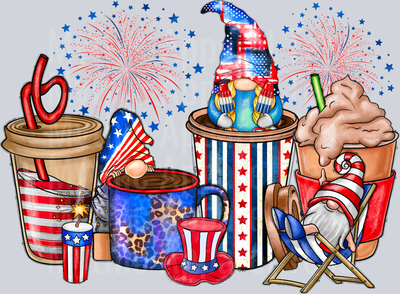 American Coffee Cups And Gnome 4th of July Fireworks Patriotic