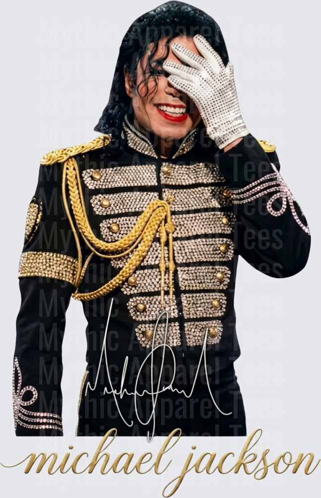 Michael Jackson Iconic White Glove Pose Crystal Military Jacket Signature Gold Script Graphic Design
