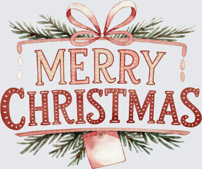 Merry Christmas Watercolor Gingerbread Letter Typography with Pine Branches Bow and Gift Tag