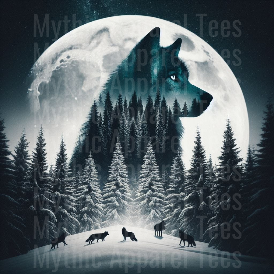 Midnight Wolf Spirit Double Exposure Full Moon Winter Pine Forest Pack Silhouette