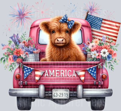 Light Pink Truck with American Flag DTF Patriotic Highland Cow Transfers