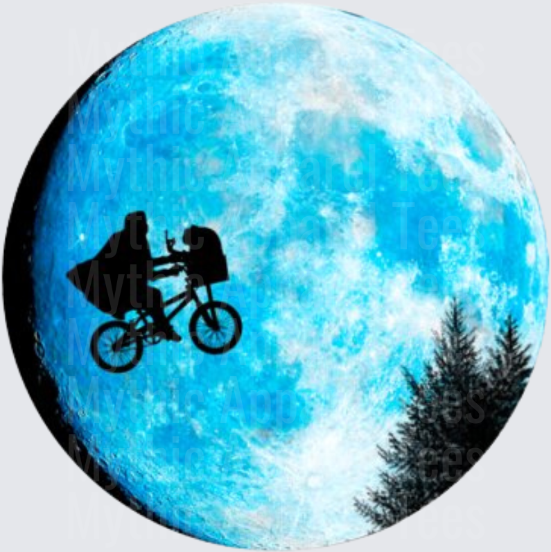 E.T. The Extra-Terrestrial Bicycle Flying Across Blue Moon Silhouette with Pine Trees
