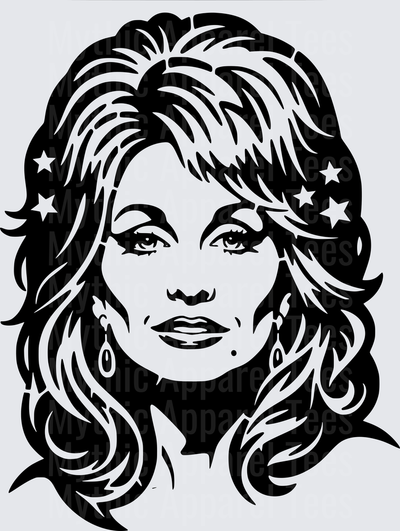 Dolly Parton Black and White Portrait with Stars Bold Stencil Art