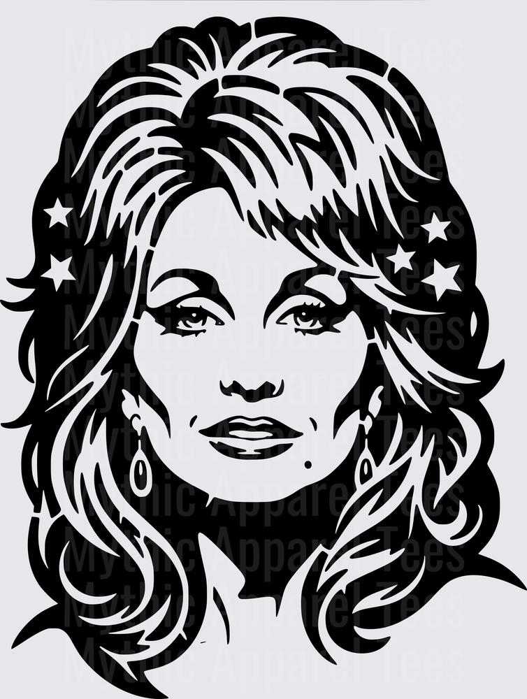Dolly Parton Black and White Portrait with Stars Bold Stencil Art