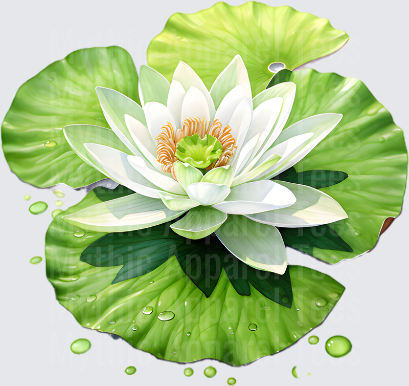 White Water Lily Blooming on Green Lily Pads with Dewdrops