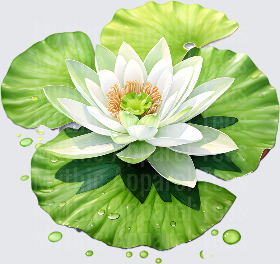 White Water Lily Blooming on Green Lily Pads with Dewdrops