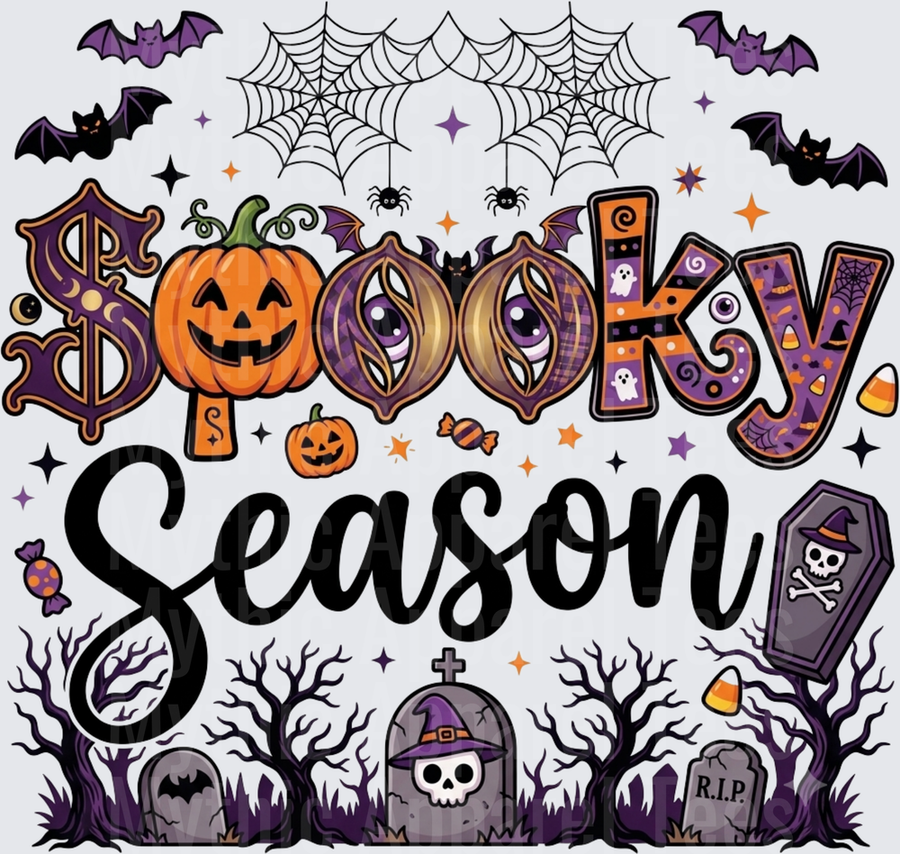 Spooky Season Halloween Typography with Jack-o-Lanterns Bats Gravestones Spider Webs and Candy Corn
