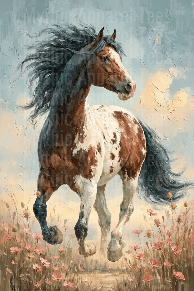 Majestic Paint Horse Running Through Wildflower Field Oil Painting Style with Flowing Dark Mane