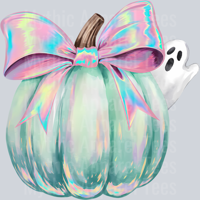 Iridescent pumpkin and bow with ghost DTF Halloween Transfers