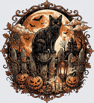 Vintage Halloween Black Cat on Fence with Full Moon Bats Haunted House Jack-O-Lanterns Candles Ornate Gothic Frame