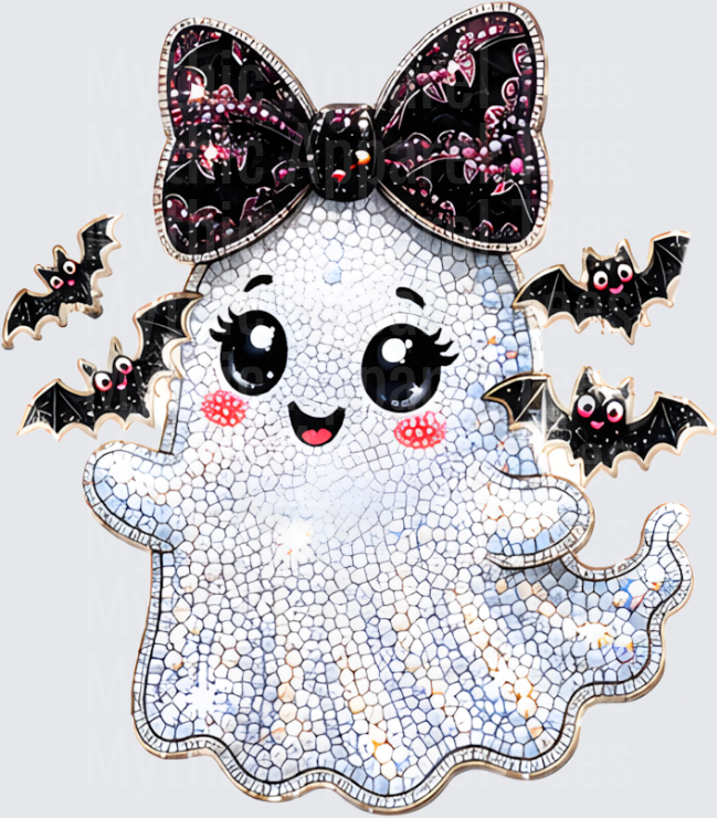 Halloween Bling Cute Girly Ghost with Black Bat Bow and Flying Bats Rhinestone Diamond Art Design