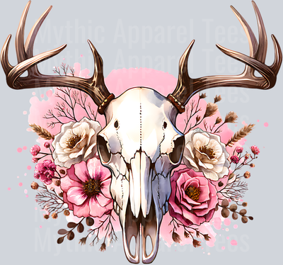 DEER SKULL WITH PINK FLOWERS CLIPART
