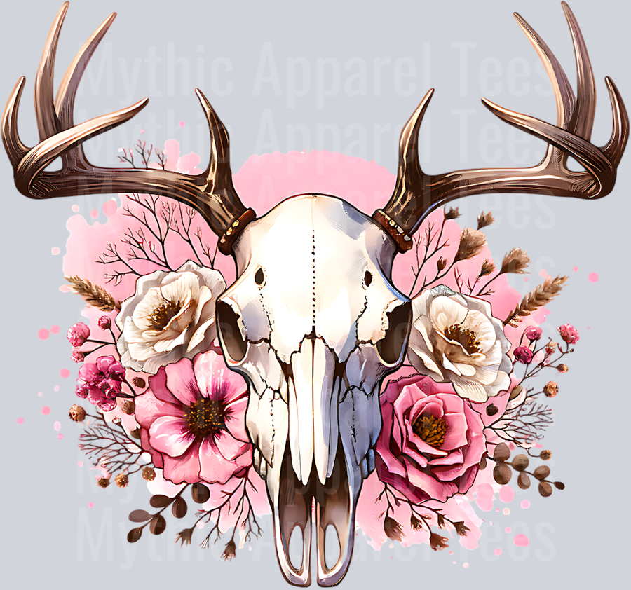 DEER SKULL WITH PINK FLOWERS CLIPART