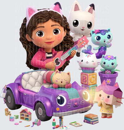 Gabby's Doll House Full Cast with Purple Cat Car and Ukulele