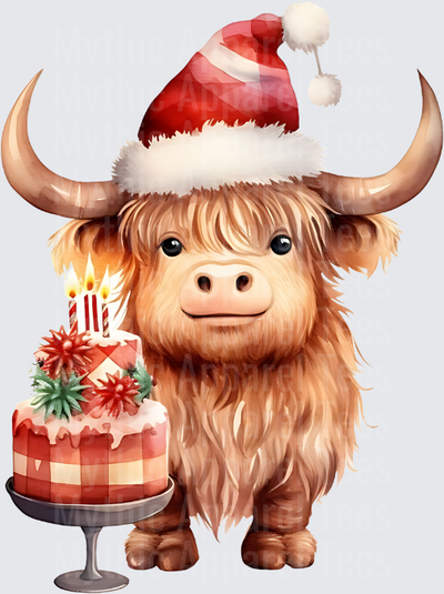Highland Christmas Cow Santa Hat Birthday Cake Celebration