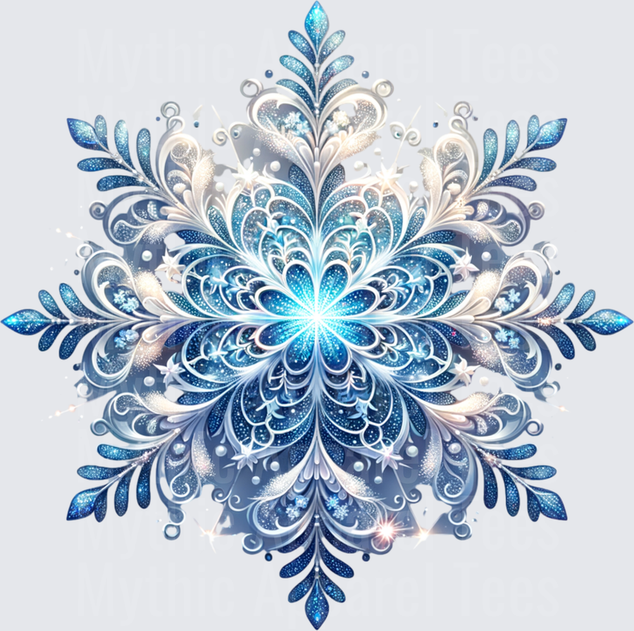 Glittering Blue and Silver Ornate Snowflake with Sparkling Crystal Center and Frosted Filigree Details