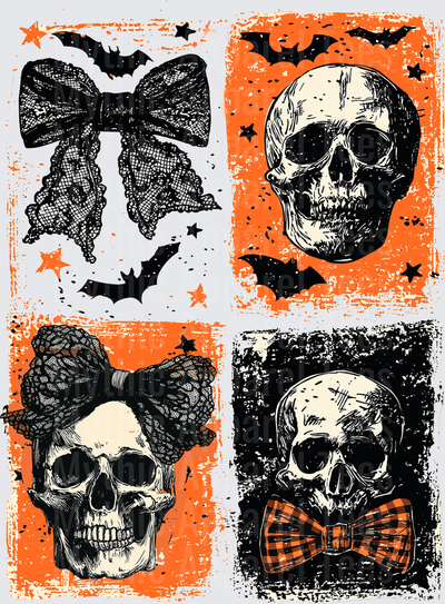 Distressed Halloween Gothic Skull and Lace Bow Four Panel Set with Bats and Stars in Orange and Black Grunge Style