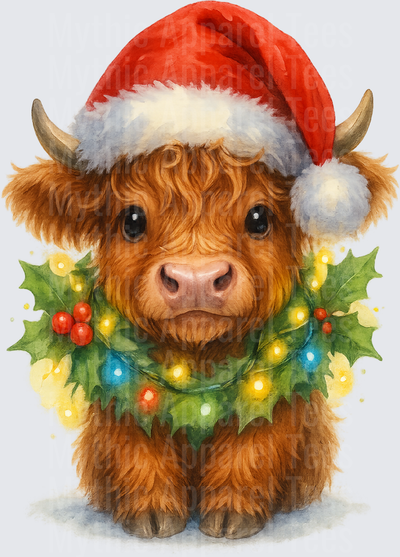Highland Christmas Cow Santa Hat Holly Wreath Lights