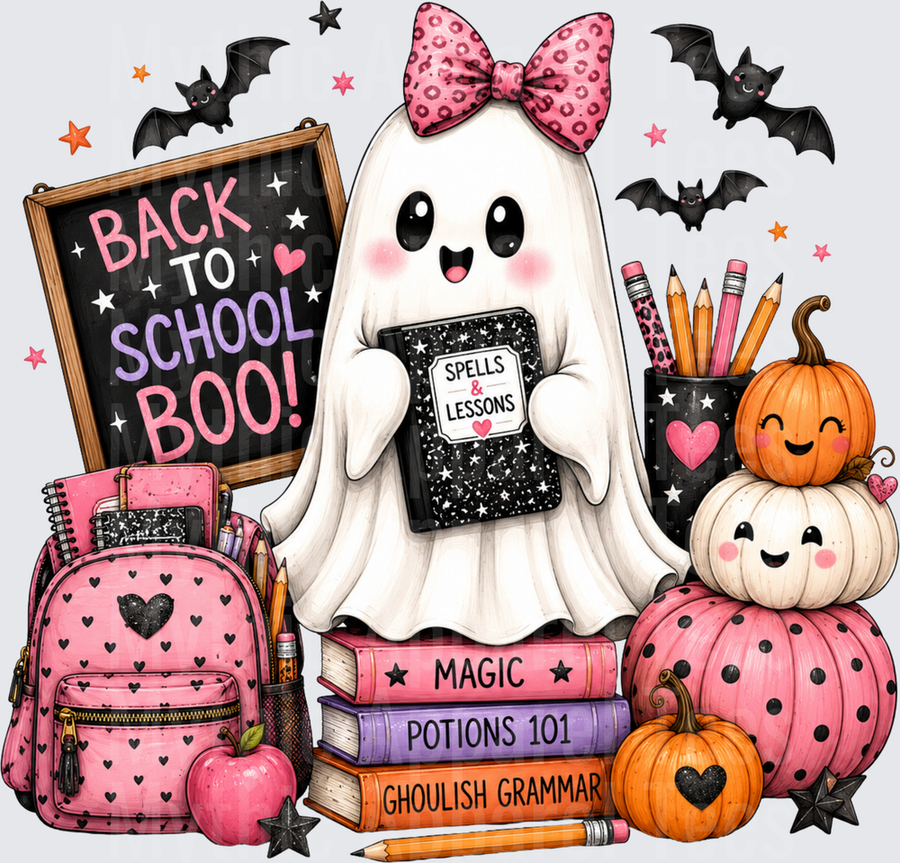 Cute Girl Ghost Back To School Boo Pink Bow Spells and Lessons Notebook Magic Potions Books Pumpkins Bats Halloween
