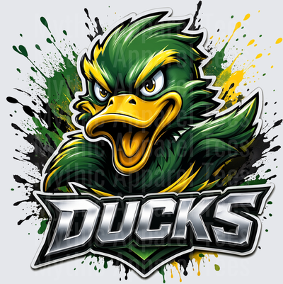 Fierce Green and Yellow Duck Mascot Face with Bold Chrome DUCKS Lettering and Paint Splatter