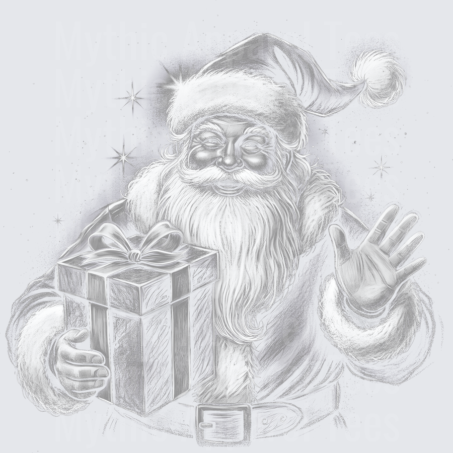Vintage Pencil Sketch Santa Claus Winking Waving with Gift Box and Sparkling Stars Holiday Grayscale Art