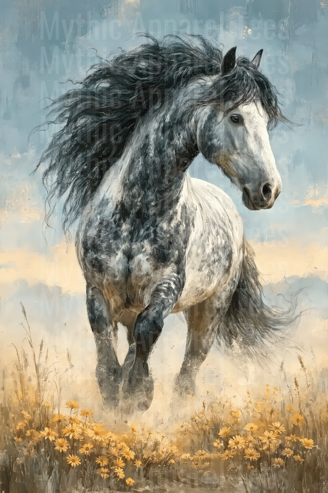 Majestic Dapple Gray Horse with Flowing Black Mane Running Through Wildflower Field Oil Painting Style