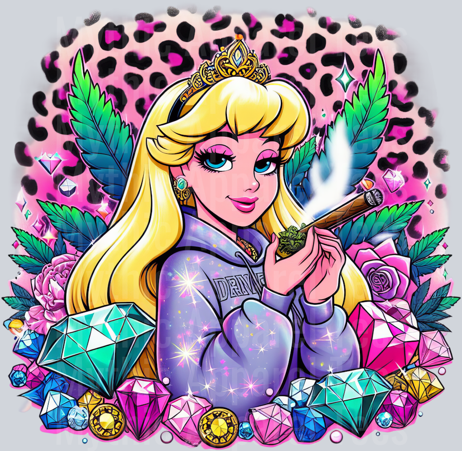 Sleeping Beauty Cheeta Print Jewels Smoking Weed DTF Weed Transfers